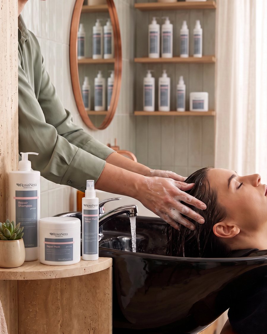 A stylist shampooing a client at a salon wash station, with RosaNera Repair shampoo, mask and fluid spray on the counter alongside
